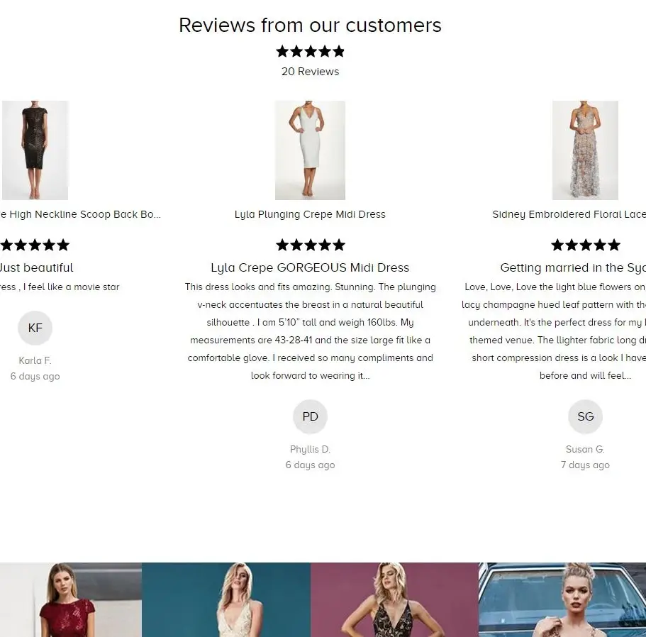 a formal wear product line up of dresses on an e-commerce site with a review carousel